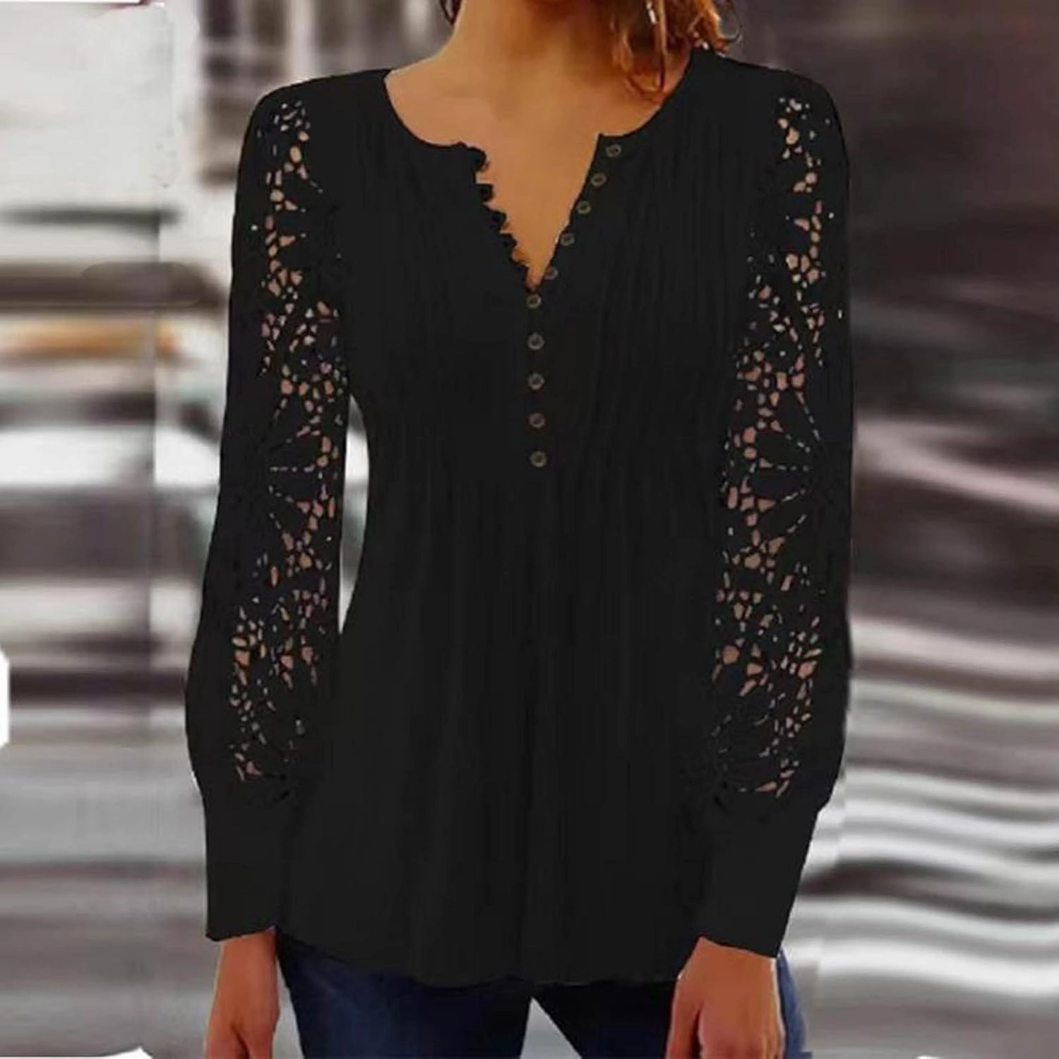 SMIDOW Elegant Lace Lantern Long Sleeve t-Shirt for Women Trendy Sexy Button v Neck Spring Tunic Tops Blouse