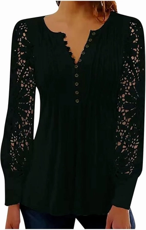 SMIDOW Elegant Lace Lantern Long Sleeve t-Shirt for Women Trendy Sexy Button v Neck Spring Tunic Tops Blouse