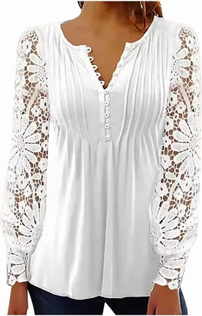 SMIDOW Elegant Lace Lantern Long Sleeve t-Shirt for Women Trendy Sexy Button v Neck Spring Tunic Tops Blouse
