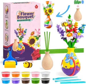 SMILESSKIDDO Air Dry Clay with Vase Flower Bouquet for Kids Age 6-12, 10 PCS Modeling Clay Flower Arts and Craft DIY Kit for Boys and Girls, Handcraft Class Gift for Birthday