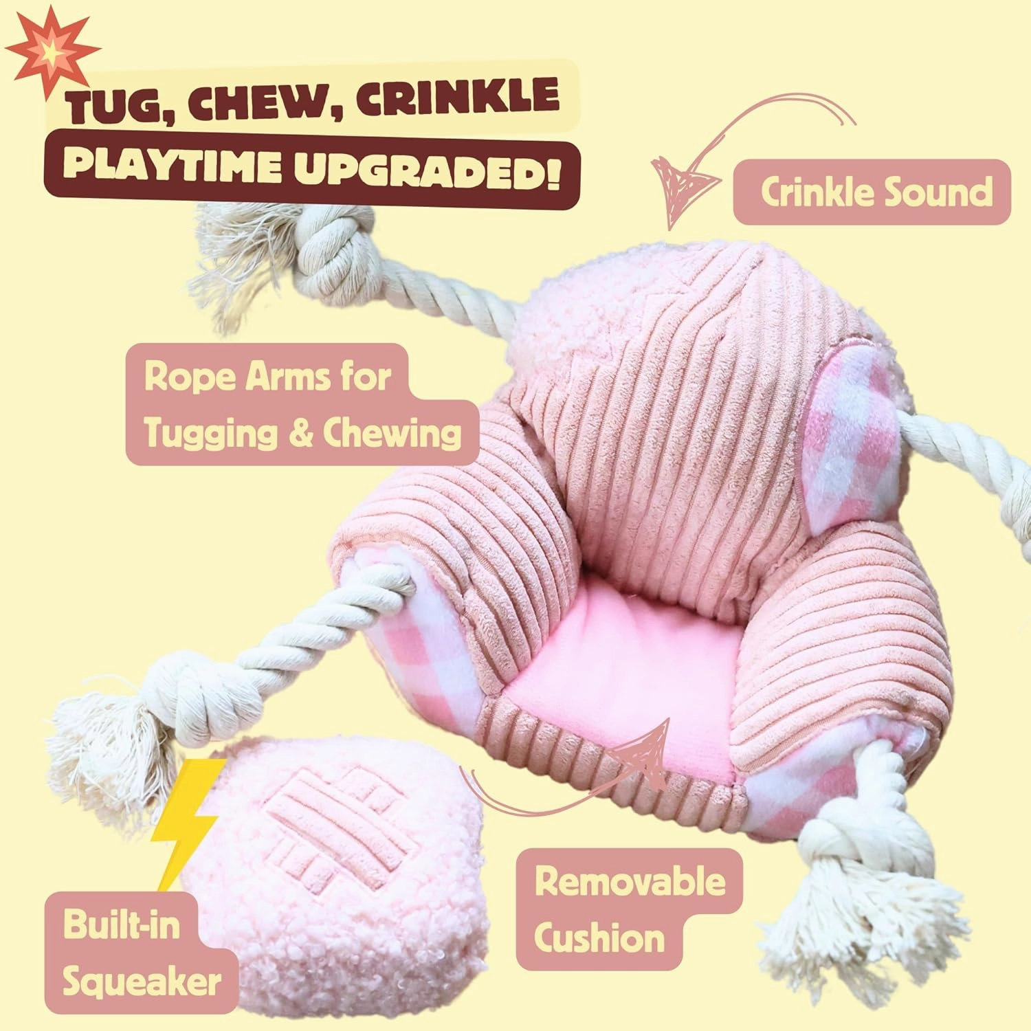 Sofa Squeaky Dog Toys, Durable Chew Rope Tug Toys for Large Dogs, Interactive Plush Puppy Toy for Teeth Cleaning, Birthday Gift