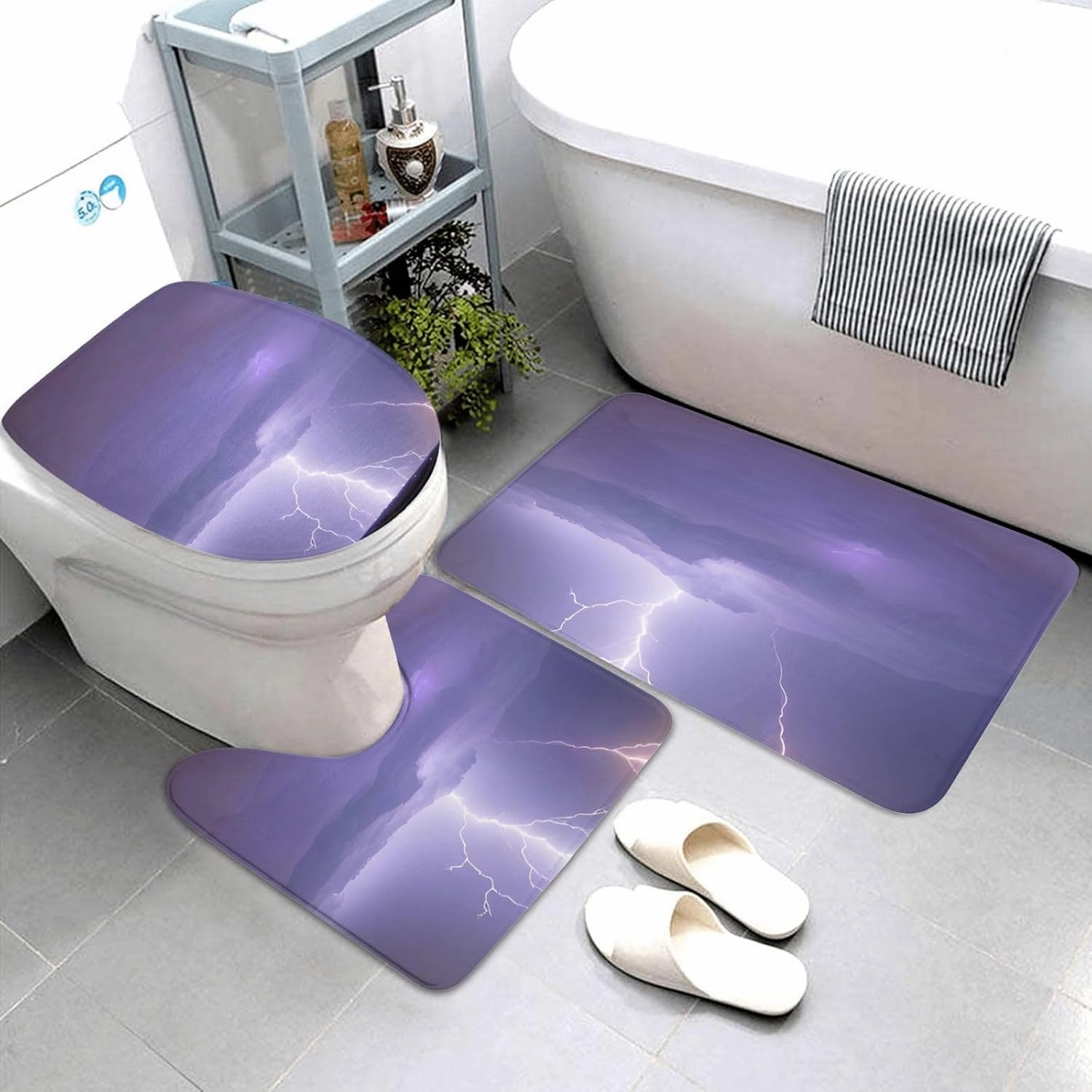 Soft and Comfortable Flannel Bathroom Non Slip Rugs,Super Absorbent Anti-Skid Carpet 3 Pieces/Set Lightning Storm