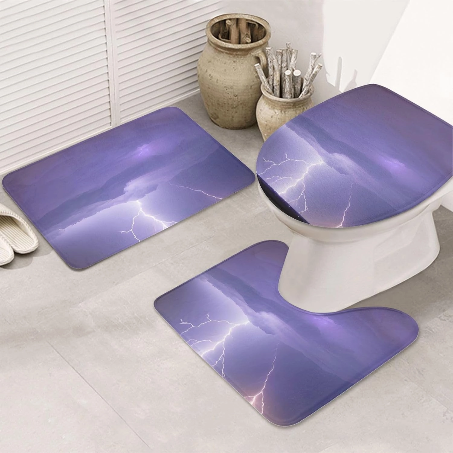 Soft and Comfortable Flannel Bathroom Non Slip Rugs,Super Absorbent Anti-Skid Carpet 3 Pieces/Set Lightning Storm