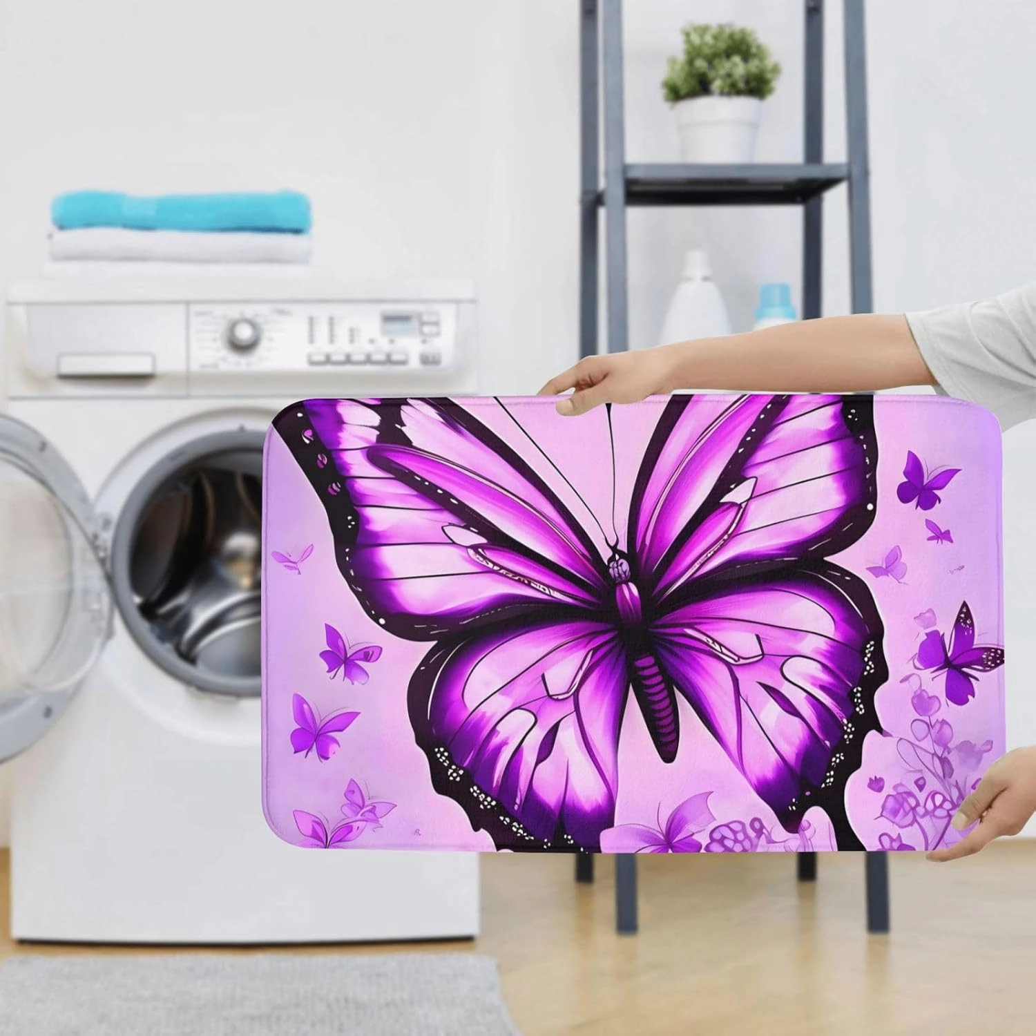Soft and Comfortable Flannel Bathroom Non Slip Rugs,Super Absorbent Anti-Skid Carpet 3 Pieces/Set Purple Butterfly
