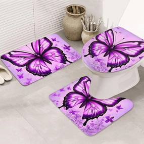 Soft and Comfortable Flannel Bathroom Non Slip Rugs,Super Absorbent Anti-Skid Carpet 3 Pieces/Set Purple Butterfly