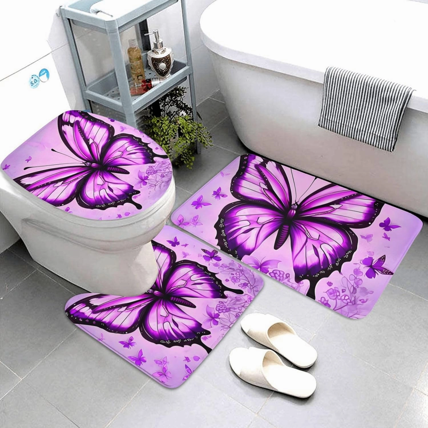 Soft and Comfortable Flannel Bathroom Non Slip Rugs,Super Absorbent Anti-Skid Carpet 3 Pieces/Set Purple Butterfly
