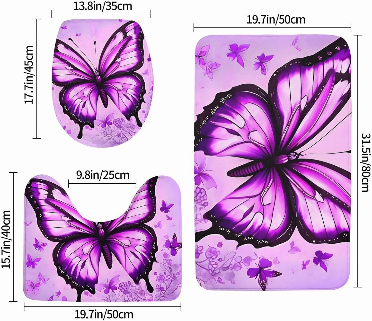 Soft and Comfortable Flannel Bathroom Non Slip Rugs,Super Absorbent Anti-Skid Carpet 3 Pieces/Set Purple Butterfly