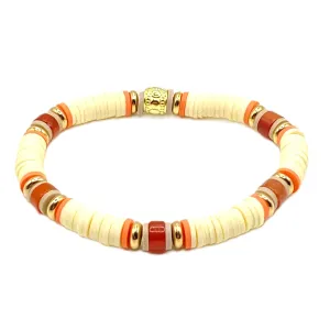 Solar Serenity Polymer Clay Heishi Bracelet with Natural Agate and Gold Accents for Summer Beach Boho Friendship Light Yellow Orange Brown Gold