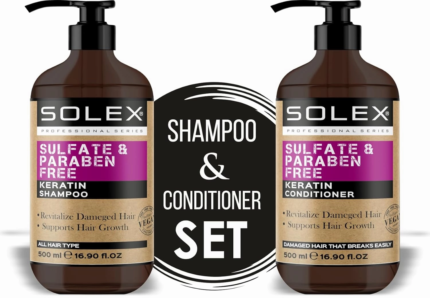 Solex Keratin Shampoo and Conditioner Set for Hair Growth- Sulfate & Paraben Free - Volumizing Shampoo - Treatment for Men & Women Hair Thickening Volumizing Products, (2 pc. X 16.9 Fl Oz / 500mL)