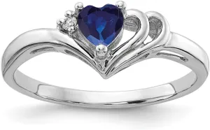 Solid 14k White Gold 4mm Heart Sapphire Blue September Gemstone Diamond Engagement Ring (.012 cttw.)