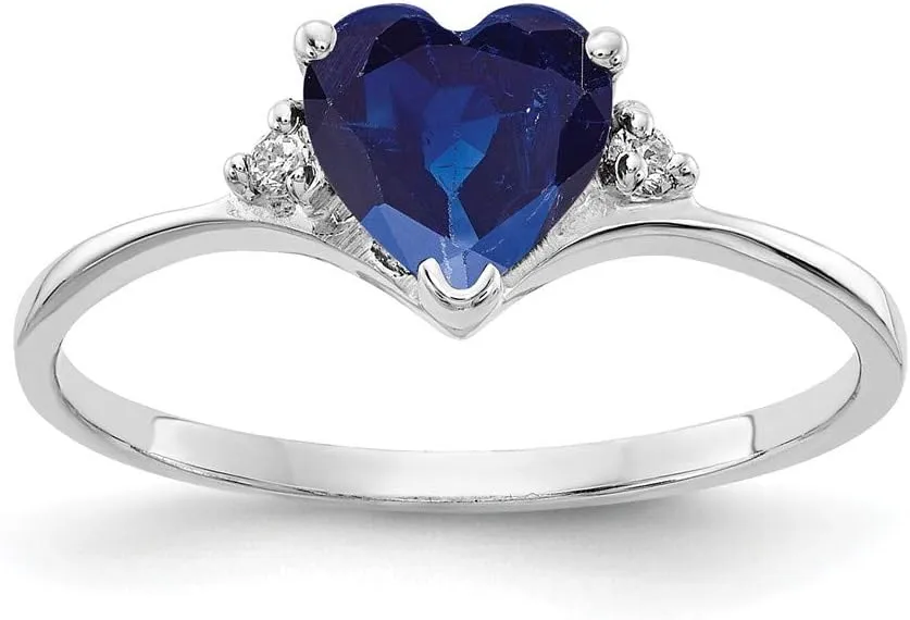 Solid 14k White Gold 6mm Heart Sapphire Blue September Gemstone Diamond Engagement Ring (.03 cttw.)