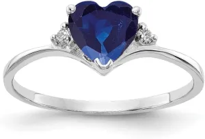 Solid 14k White Gold 6mm Heart Sapphire Blue September Gemstone Diamond Engagement Ring (.03 cttw.)