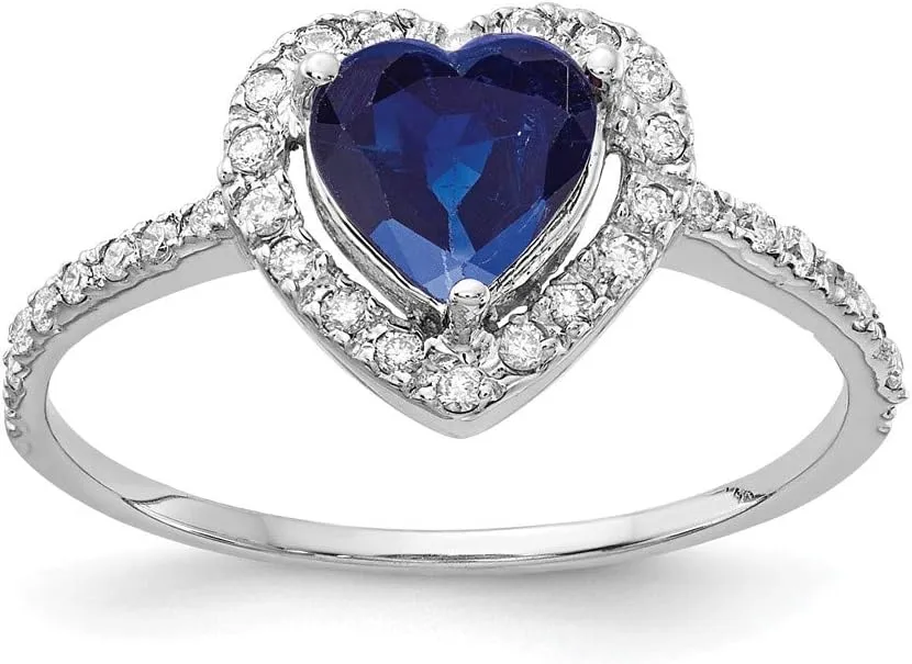 Solid 14k White Gold 6mm Heart Sapphire Blue September Gemstone VS Diamond Engagement Ring (.136 cttw.)