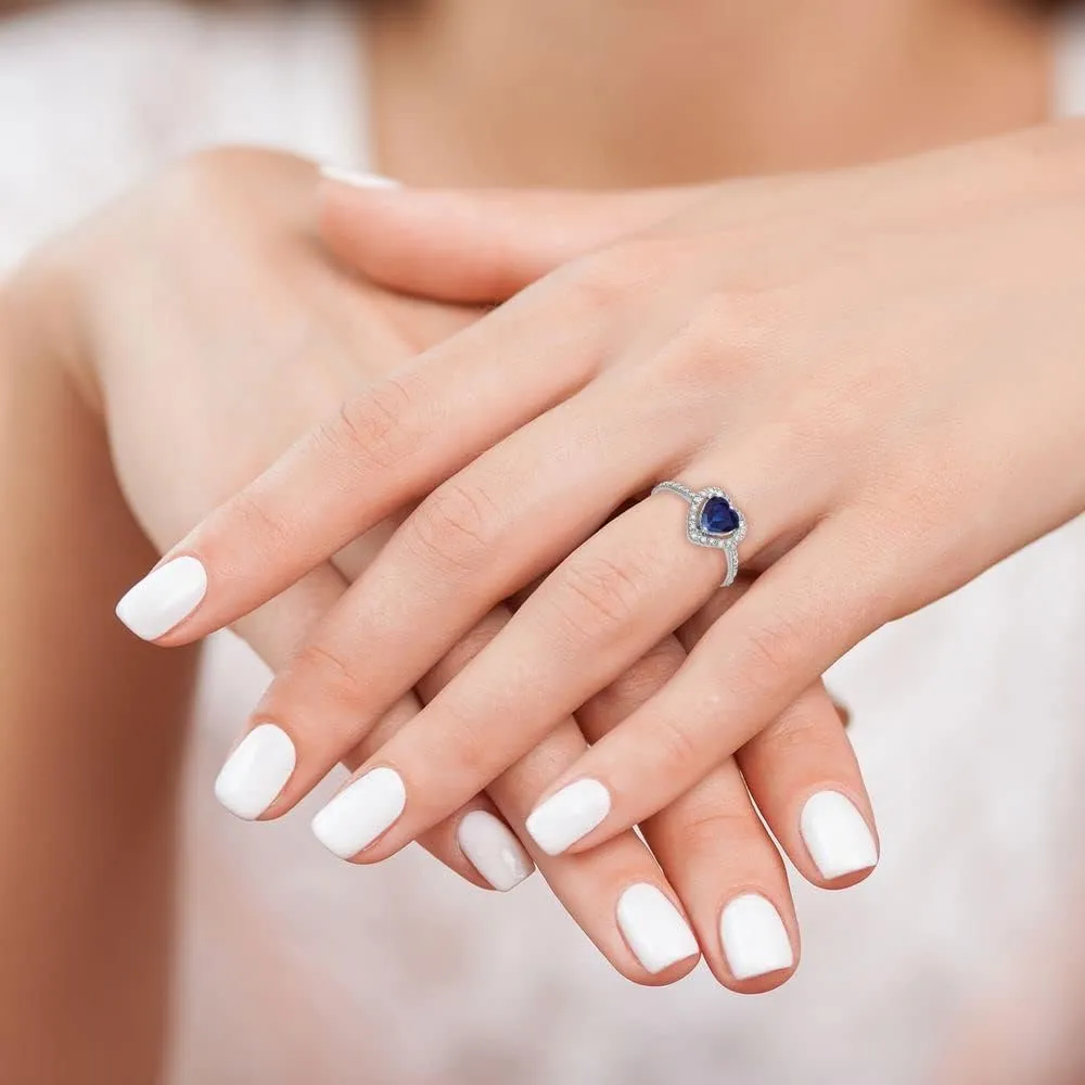Solid 14k White Gold 6mm Heart Sapphire Blue September Gemstone VS Diamond Engagement Ring (.136 cttw.)