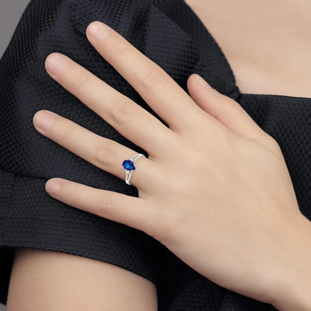Solid 14k White Gold 7x5mm Pear Sapphire Blue September Gemstone Diamond Engagement Ring (.05 cttw.)