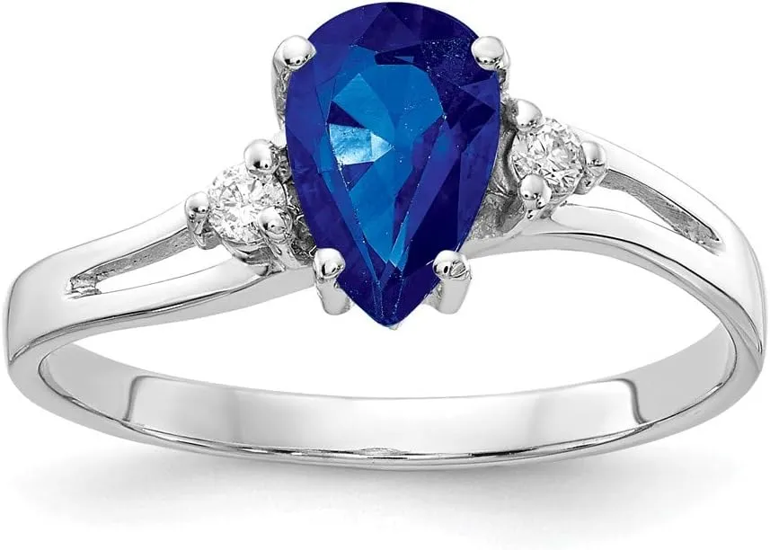 Solid 14k White Gold 7x5mm Pear Sapphire Blue September Gemstone Diamond Engagement Ring (.05 cttw.)