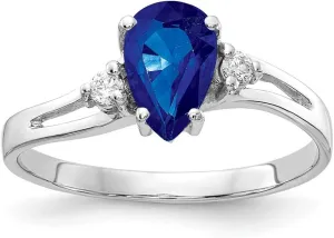 Solid 14k White Gold 7x5mm Pear Sapphire Blue September Gemstone Diamond Engagement Ring (.05 cttw.)