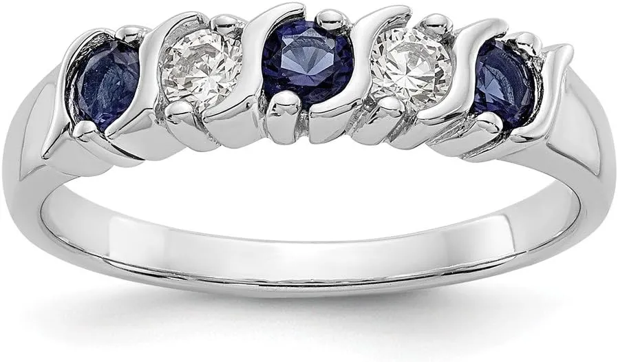 Solid 14k White Gold Diamond Sapphire Blue September Gemstone Wedding Band Ring (.2 cttw.)