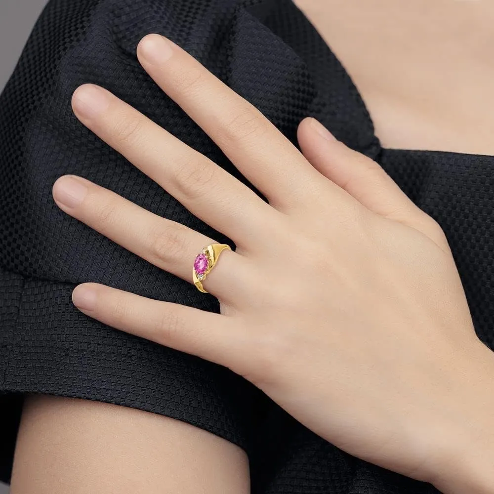 Solid 14k Yellow Gold 7x5mm Oval Pink Sapphire VS Diamond Engagement Ring (.056 cttw.)