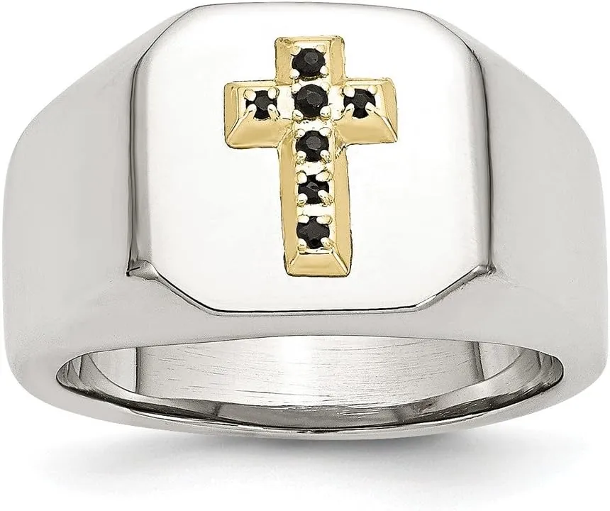 Solid Stainless Steel 14K W/Sapphire Cross Ring
