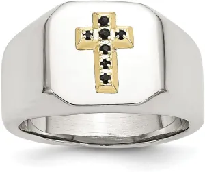 Solid Stainless Steel 14K W/Sapphire Cross Ring