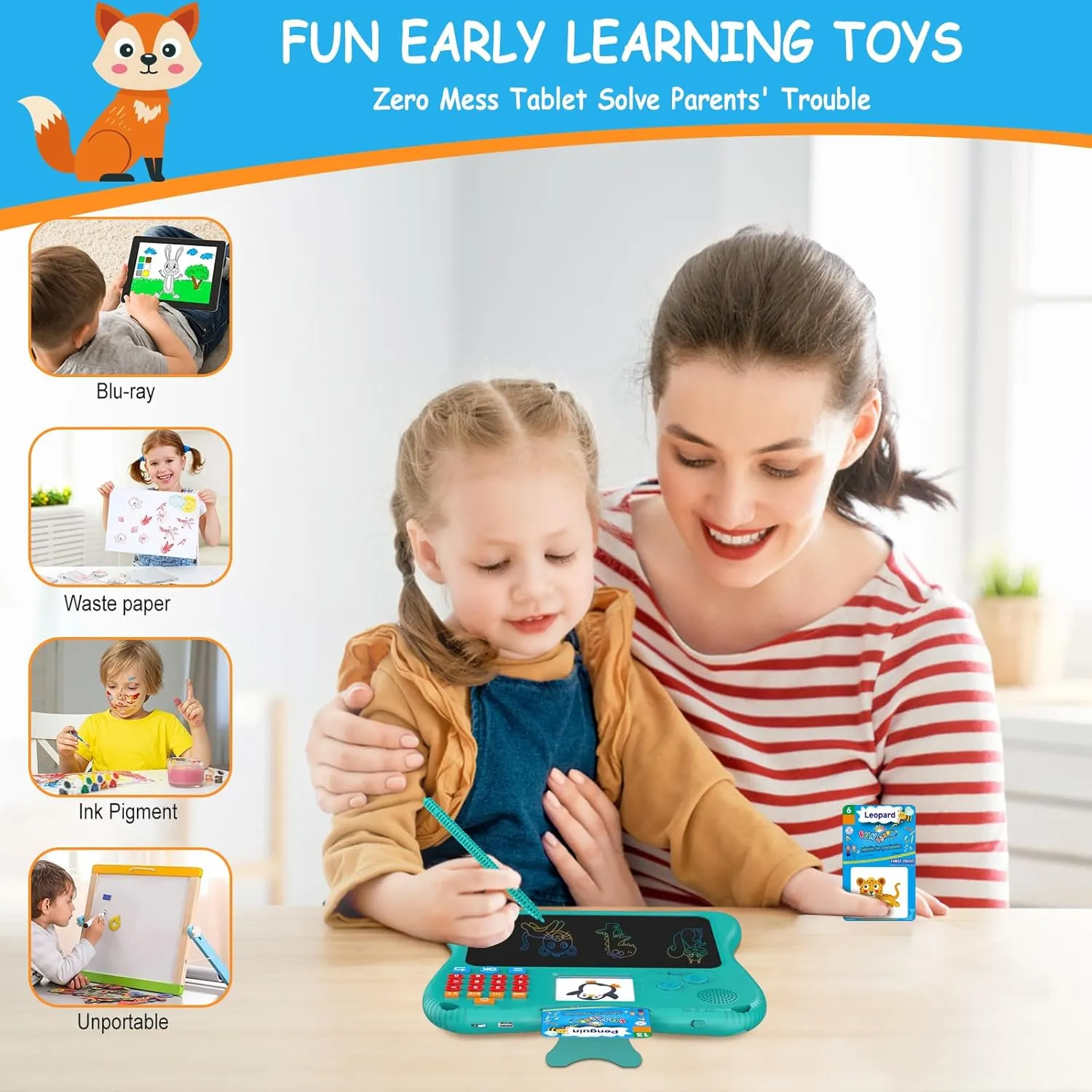 SPG300 All-in-One Kids Learning Tablet & Drawing Board, 130 Educational Cards 7.5-inch Screen Math Games Memory Training & Creative Writing Pad, Gift for Boys & Girls Ages 2 3 4 5 6 7 8 Years