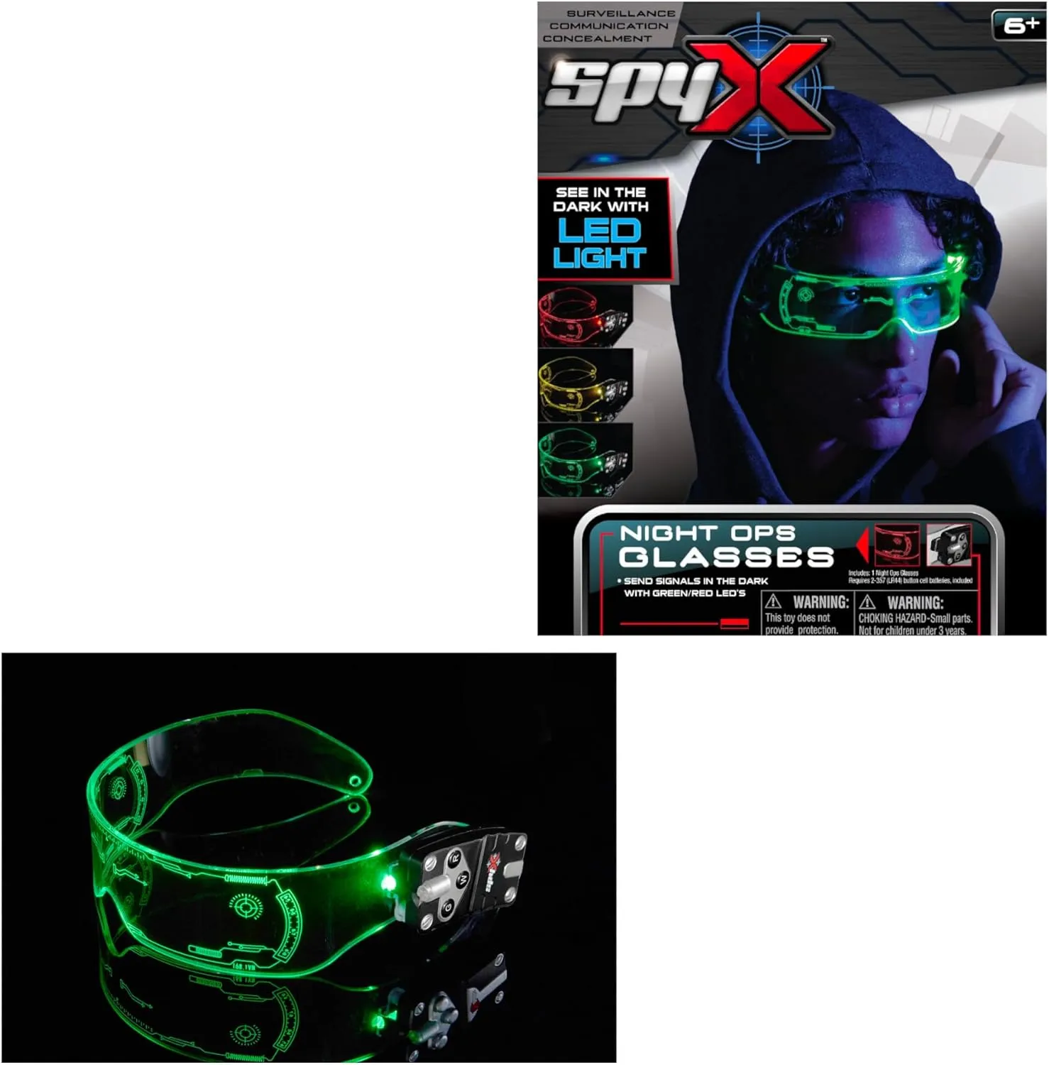 SpyX Night Ops Glasses - Hi-Tech Spy Toy Gadget for Spy Kids Night Mission. Dual LED Lights: White Spotlight & 3-Color Silent Signal Lights. Mission Graphics Etched Into Surface