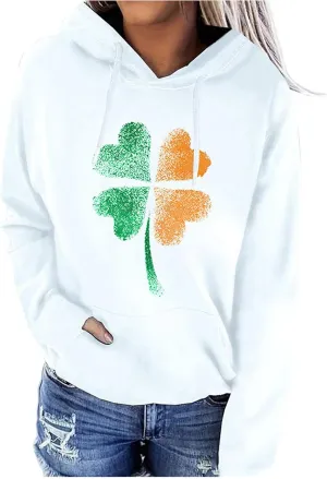 St. Patrick's Day Hoodies for Women Long Sleeve Casual Loose Pullover Tops Four Leaves Clover Shamrock 3D Printed Sweatshirts