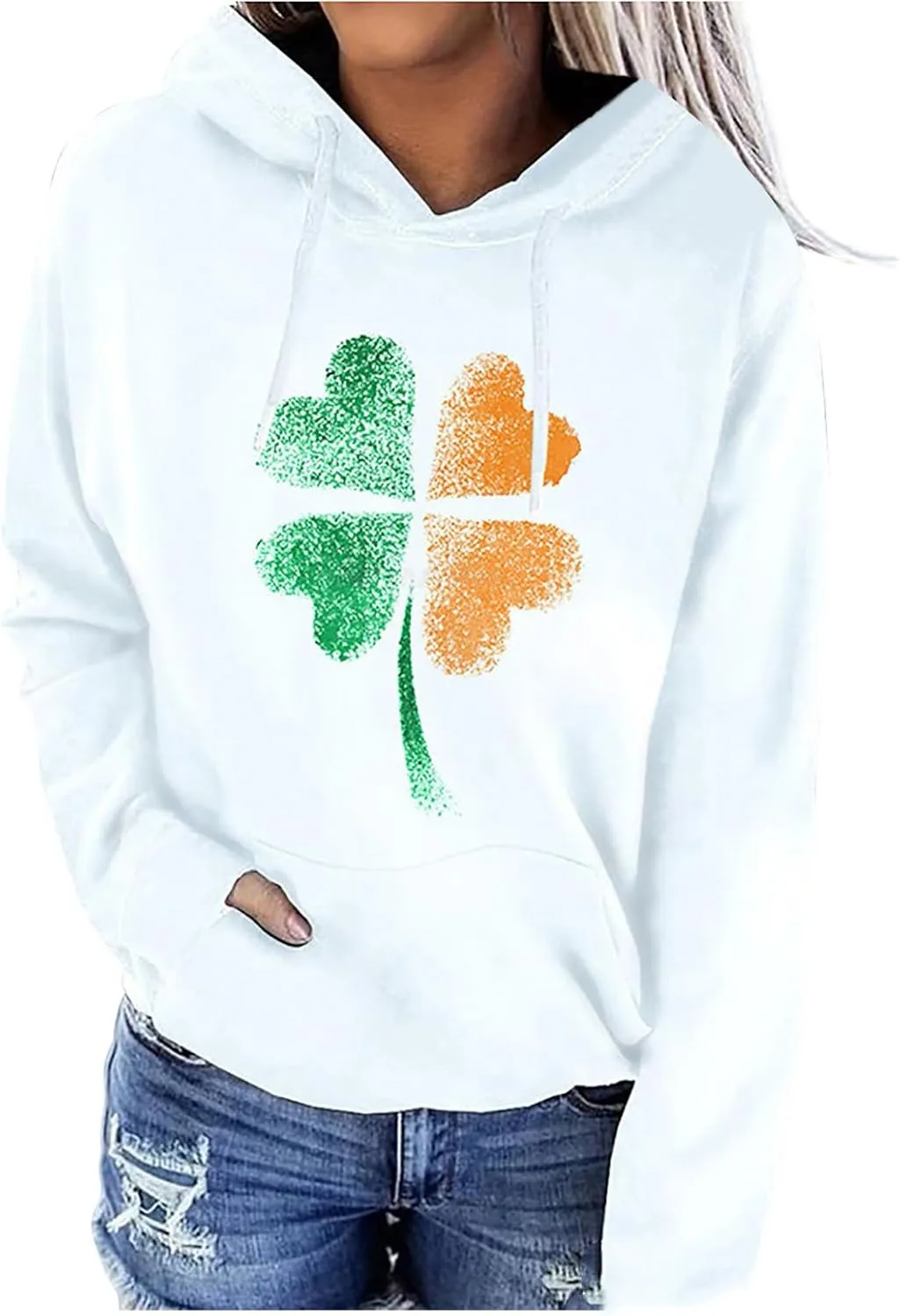 St. Patrick's Day Hoodies for Women Long Sleeve Casual Loose Pullover Tops Four Leaves Clover Shamrock 3D Printed Sweatshirts