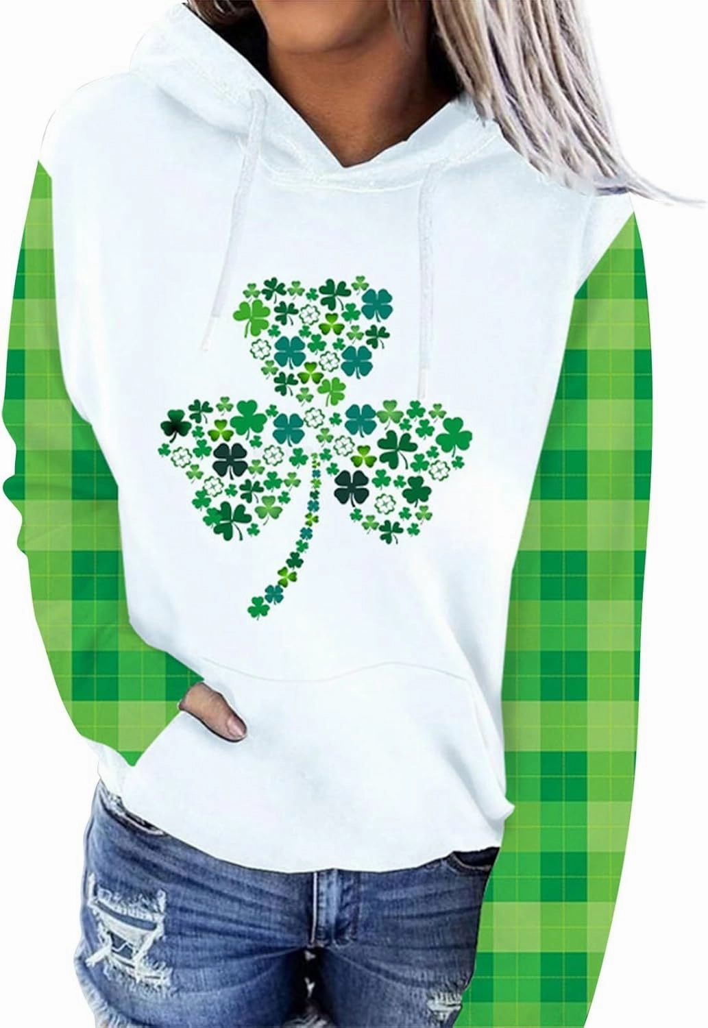 St. Patrick's Day Hoodies for Women Long Sleeve Casual Loose Pullover Tops Four Leaves Clover Shamrock 3D Printed Sweatshirts