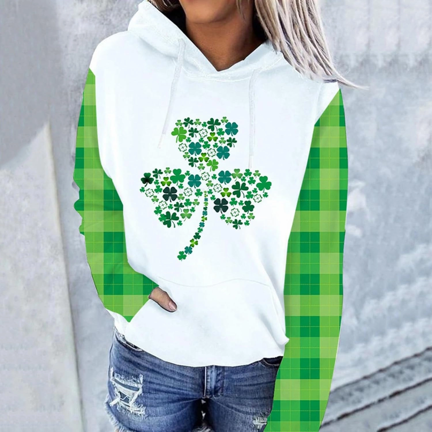 St. Patrick's Day Hoodies for Women Long Sleeve Casual Loose Pullover Tops Four Leaves Clover Shamrock 3D Printed Sweatshirts