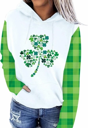 St. Patrick's Day Hoodies for Women Long Sleeve Casual Loose Pullover Tops Four Leaves Clover Shamrock 3D Printed Sweatshirts
