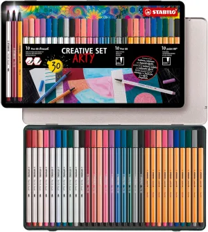 STABILO Pen Set Creative Set - Pen 68 brush, Pen 68 & point 88 - ARTY - Tin of 30 - Assorted Colours