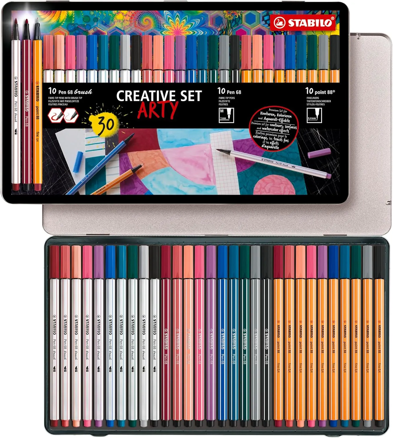STABILO Pen Set Creative Set - Pen 68 brush, Pen 68 & point 88 - ARTY - Tin of 30 - Assorted Colours