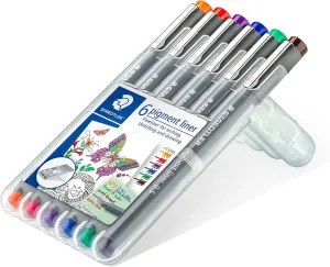 STAEDTLER 30805-SSB6 Pigment Liner Pens - Assorted Colours, 0.5 mm (Set of 6)