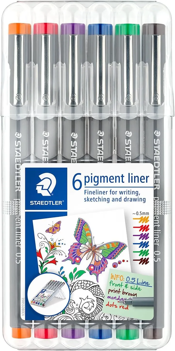 STAEDTLER 30805-SSB6 Pigment Liner Pens - Assorted Colours, 0.5 mm (Set of 6)