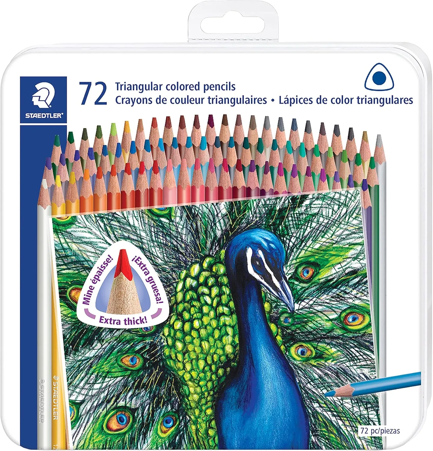 Staedtler Colored Pencils Set (72-Pack) - Ergonomic Triangular Barrel, Smooth 4mm Lines, Wood - 72 Vibrant Colors in Tin, for Artists & Students