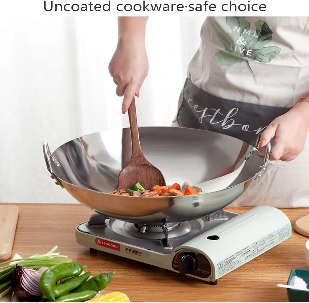 Stainless Steel Non Magnetic Wok Multipurpose Chinese Style Uncoated Non Stick Wok 32cm 38cm Fast Heat Conduction Chef Pots Cooking Pot Kitchen Cookware for Outdoor Camping