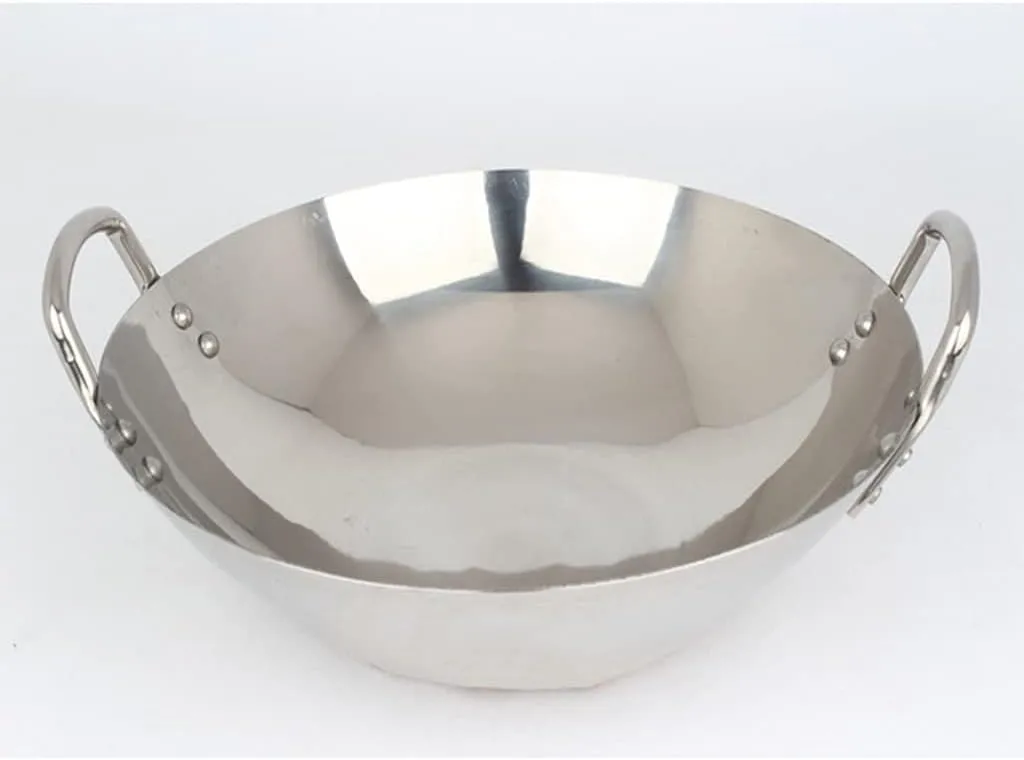 Stainless Steel Non Magnetic Wok Multipurpose Chinese Style Uncoated Non Stick Wok 32cm 38cm Fast Heat Conduction Chef Pots Cooking Pot Kitchen Cookware for Outdoor Camping