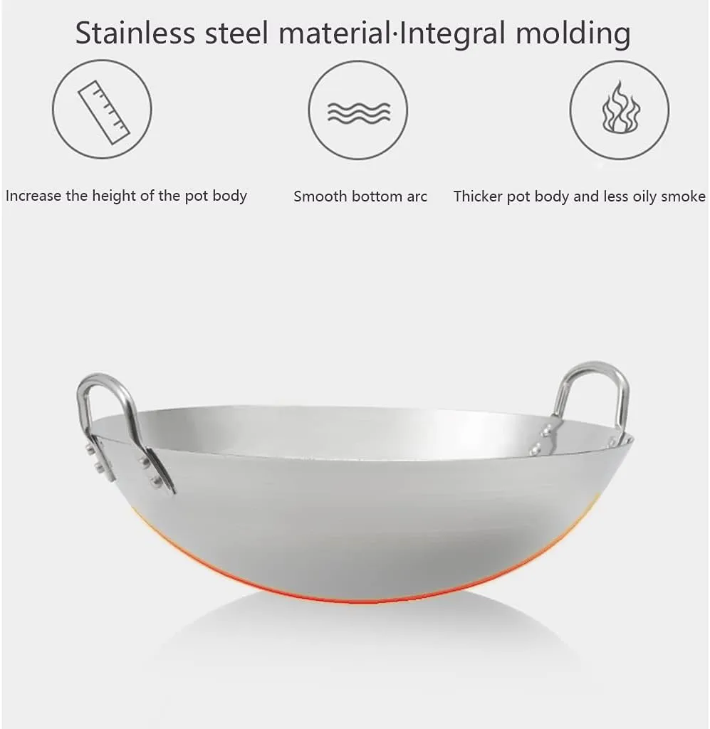 Stainless Steel Non Magnetic Wok Multipurpose Chinese Style Uncoated Non Stick Wok 32cm 38cm Fast Heat Conduction Chef Pots Cooking Pot Kitchen Cookware for Outdoor Camping