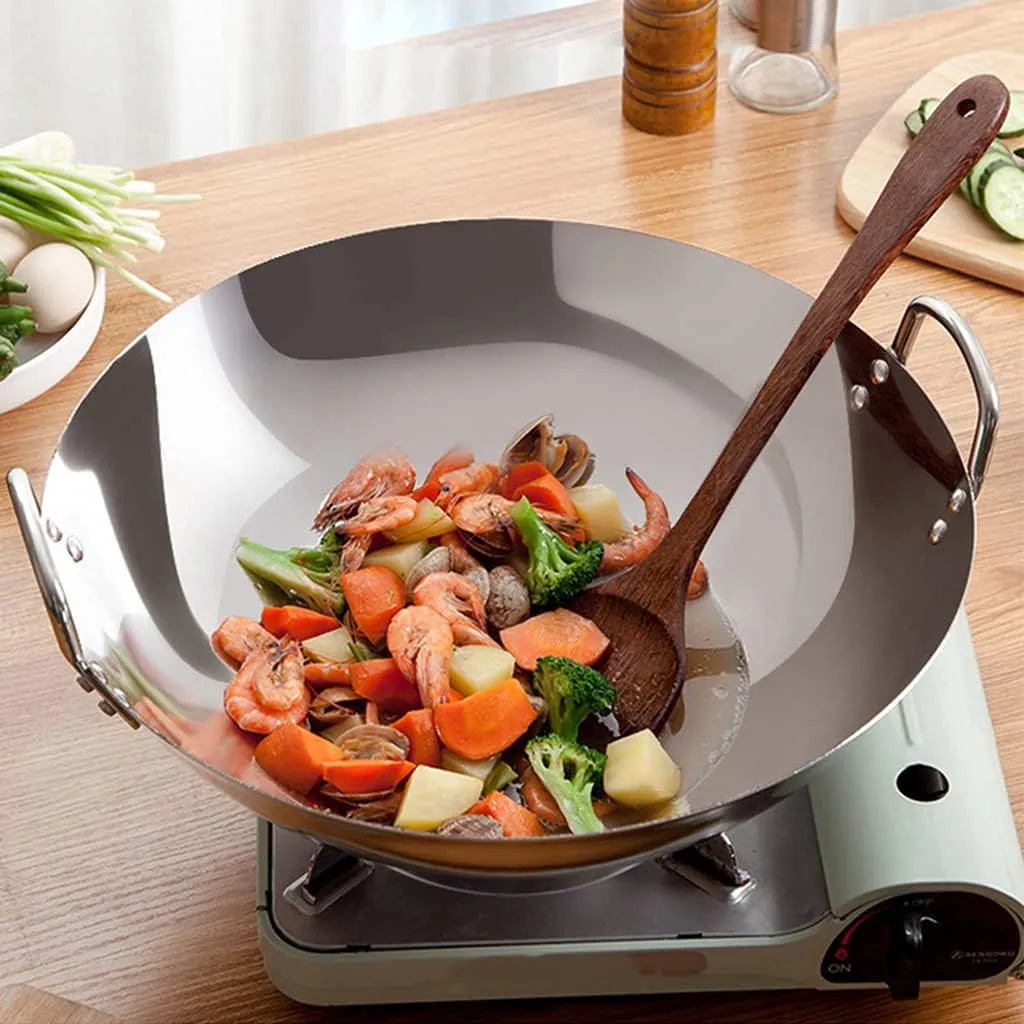 Stainless Steel Non Magnetic Wok Multipurpose Chinese Style Uncoated Non Stick Wok 32cm 38cm Fast Heat Conduction Chef Pots Cooking Pot Kitchen Cookware for Outdoor Camping