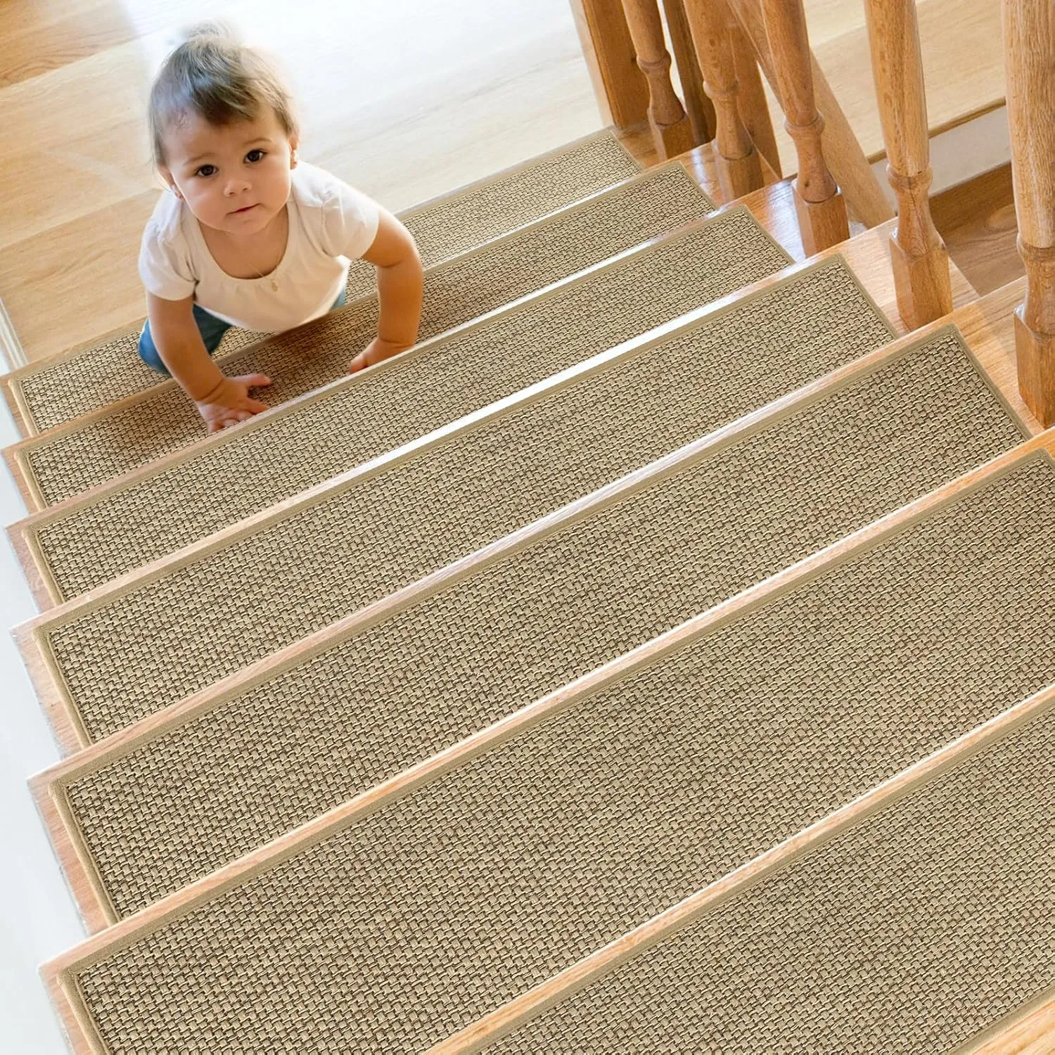 Stair Treads Non Slip for Wooden Steps Indoor 4 Pack 8" X 30" Carpet Stairs Runner for Wood Stairs, Stair Tread Rugs with Reusable Adhesive for Dogs Kids and Elders, Machine Washable, Beige