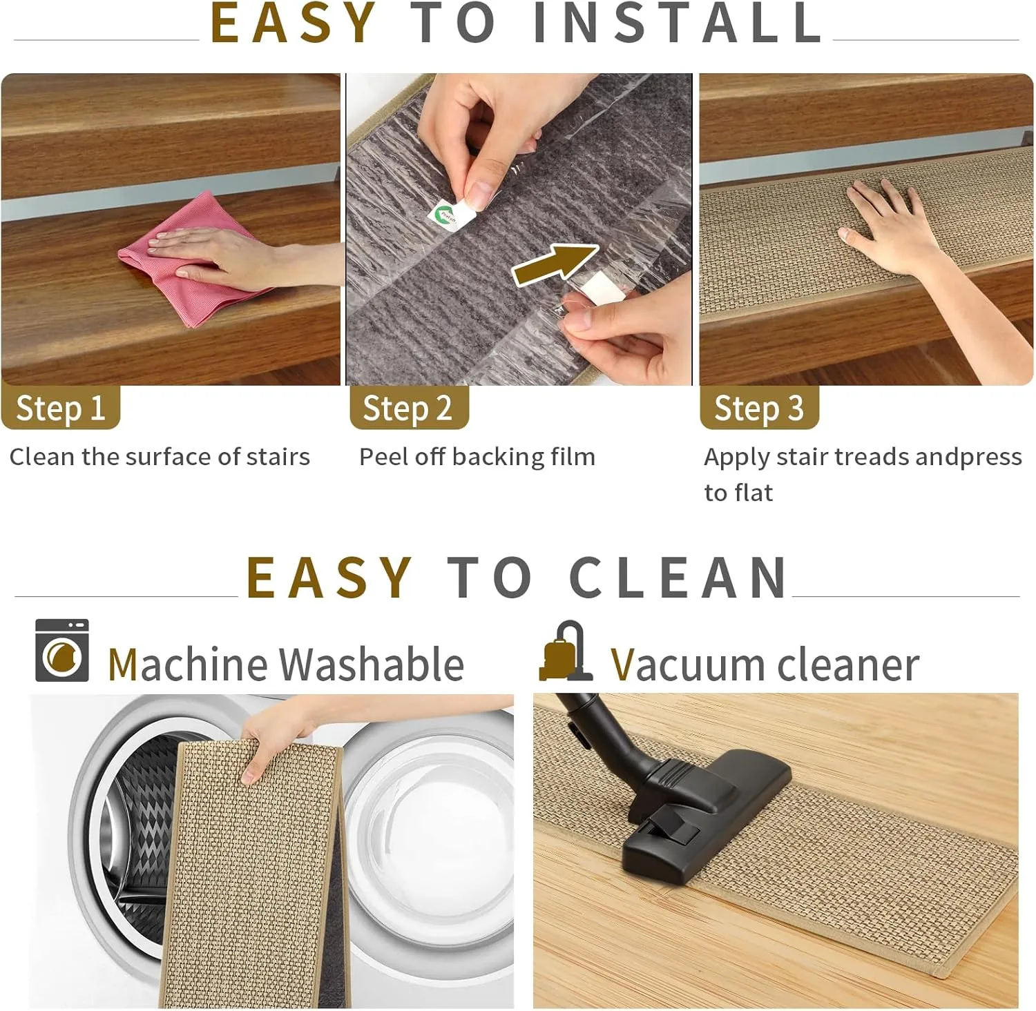 Stair Treads Non Slip for Wooden Steps Indoor 4 Pack 8" X 30" Carpet Stairs Runner for Wood Stairs, Stair Tread Rugs with Reusable Adhesive for Dogs Kids and Elders, Machine Washable, Beige