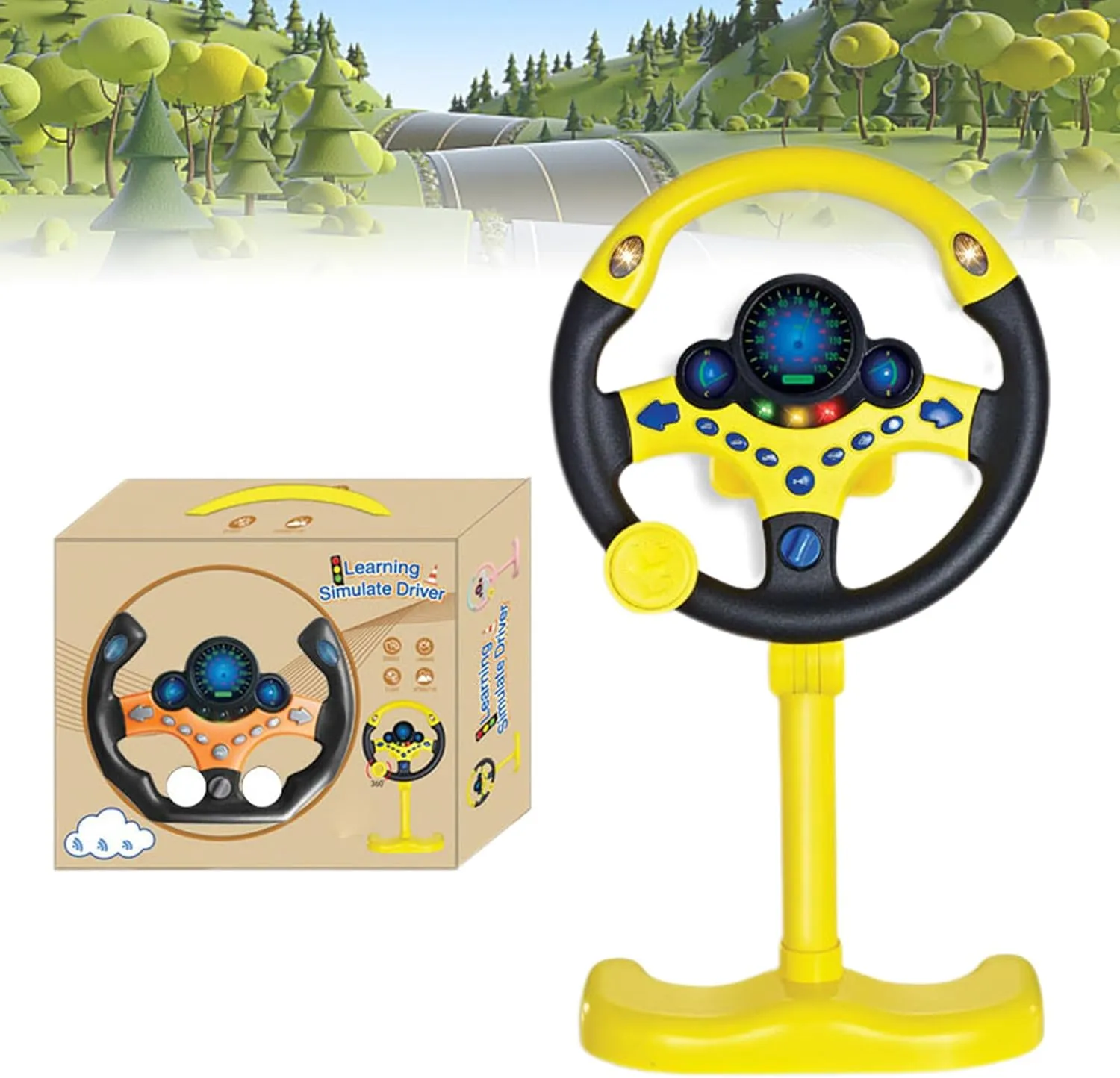 Steering Wheel Driving Toy, Simulated Steering Wheel for Kids, Electric Car Steering Wheel Toys, Simulation Copilots Simulated Toy, Educational Children Life Skills Training Gift (Yellow)