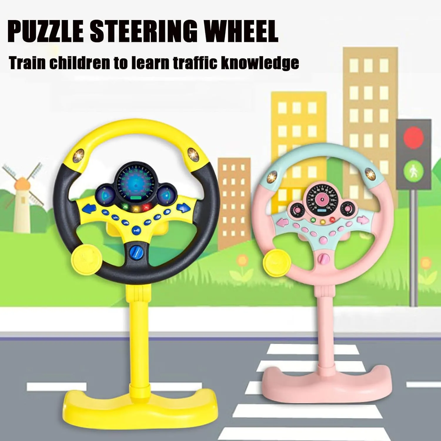 Steering Wheel Driving Toy, Simulated Steering Wheel for Kids, Electric Car Steering Wheel Toys, Simulation Copilots Simulated Toy, Educational Children Life Skills Training Gift (Yellow)