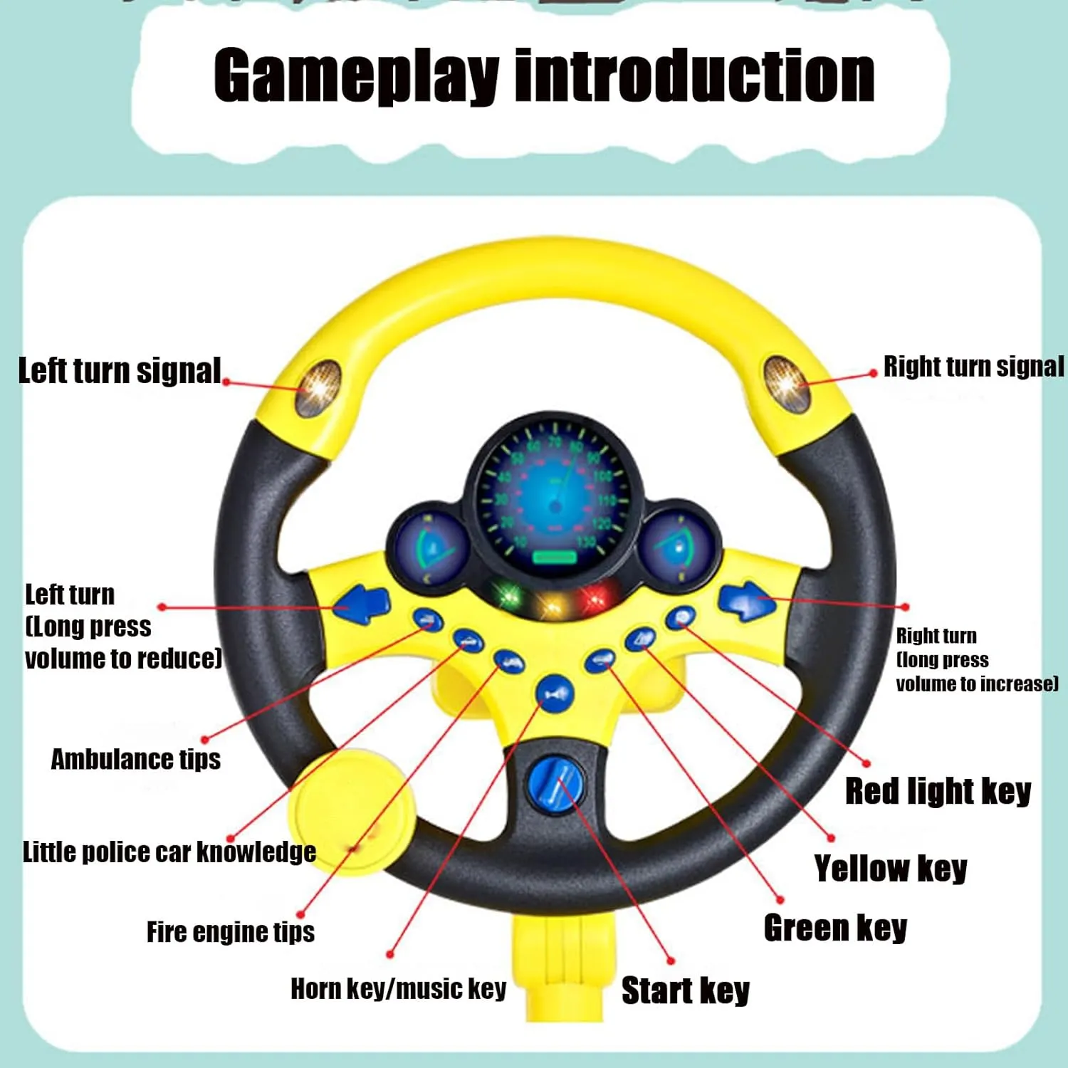 Steering Wheel Driving Toy, Simulated Steering Wheel for Kids, Electric Car Steering Wheel Toys, Simulation Copilots Simulated Toy, Educational Children Life Skills Training Gift (Yellow)