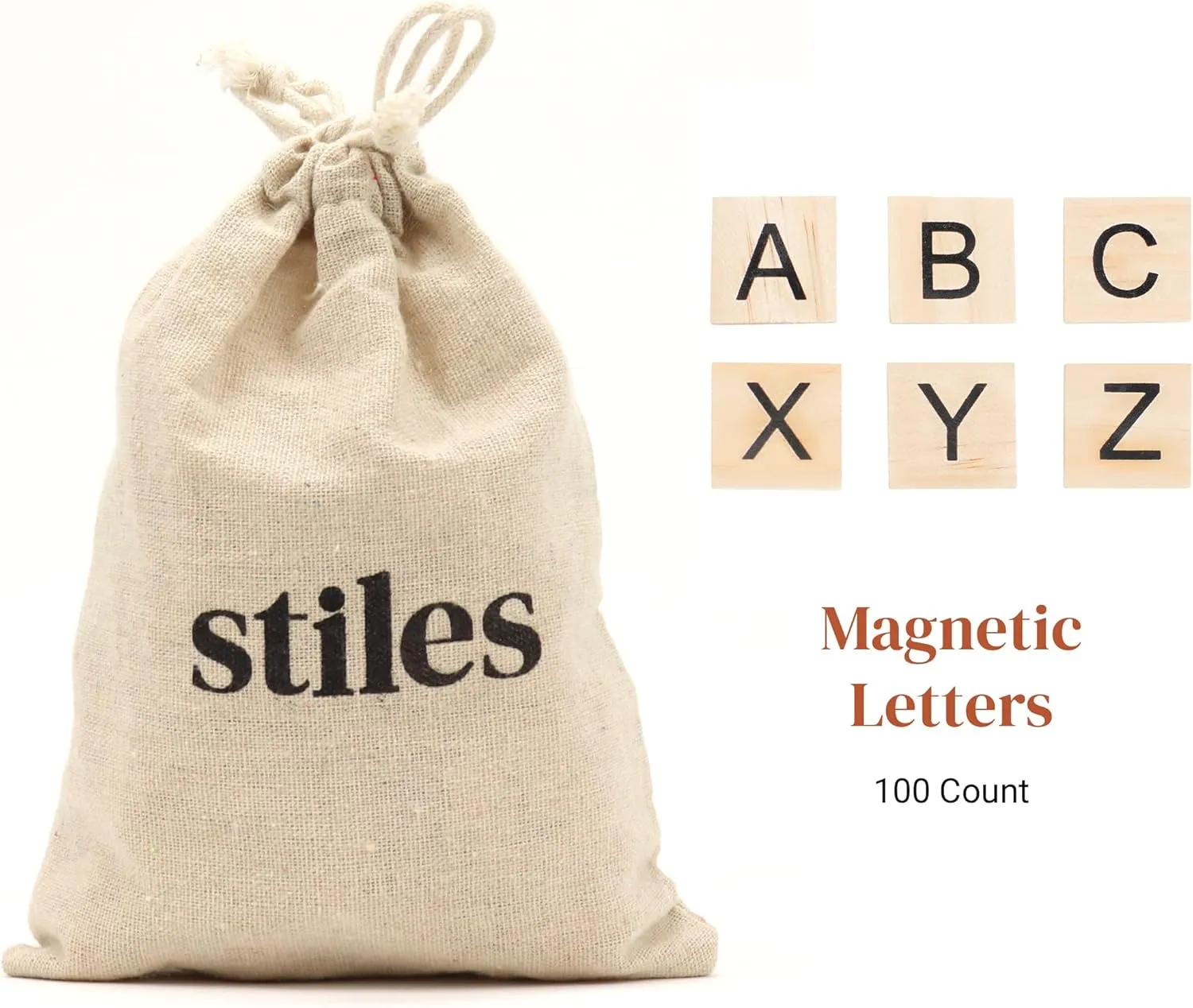 Stiles 100 Piece Wooden Magnetic Letter Tiles - Natural Alphabet Magnets for Whiteboard, Fridge, or Magnetic Letter Board