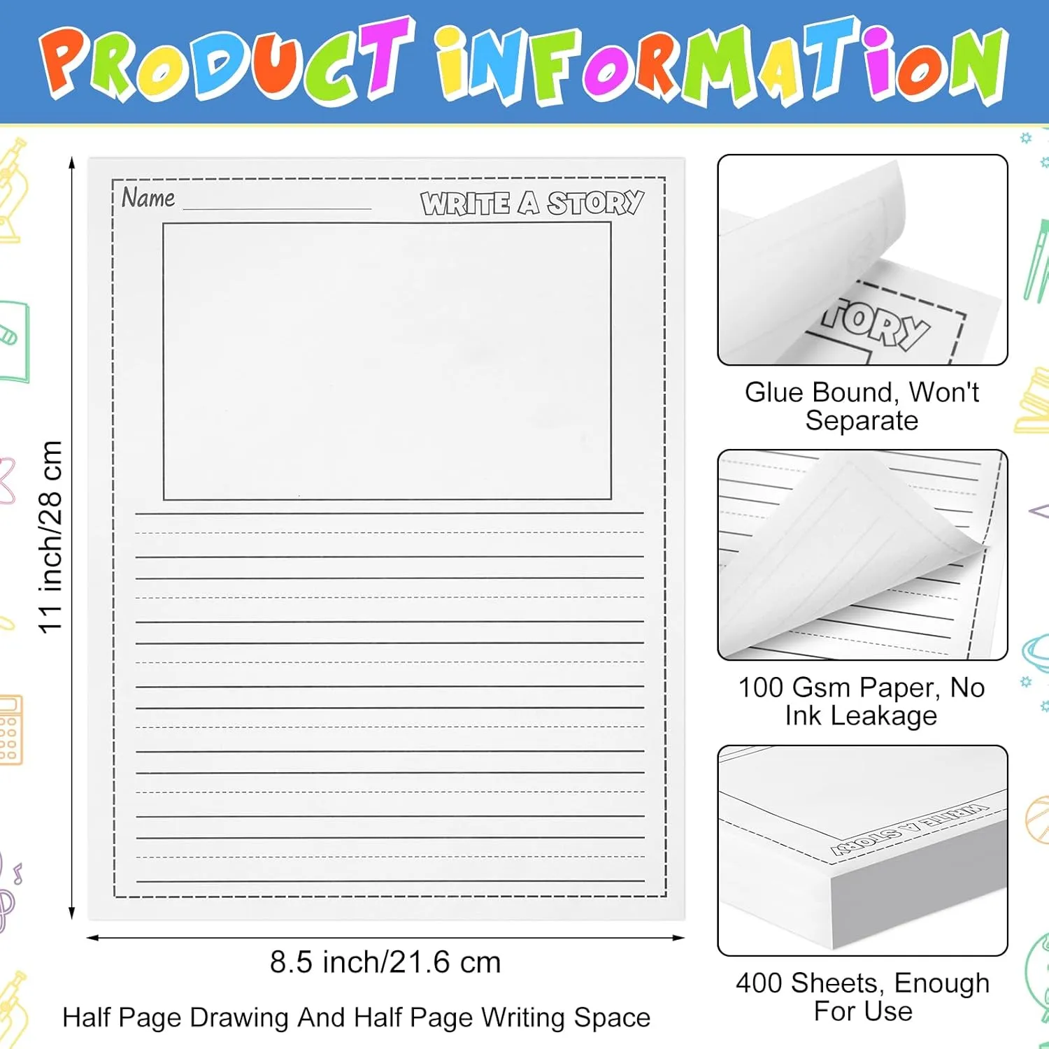 Story Writing Paper Bulk for Kids 8.5 x 11" Elementary Primary Notebook with Picture Space and Lines Draw and Write Story Primary K 2 Handwriting Paper for Creating Writing(400 Sheets)