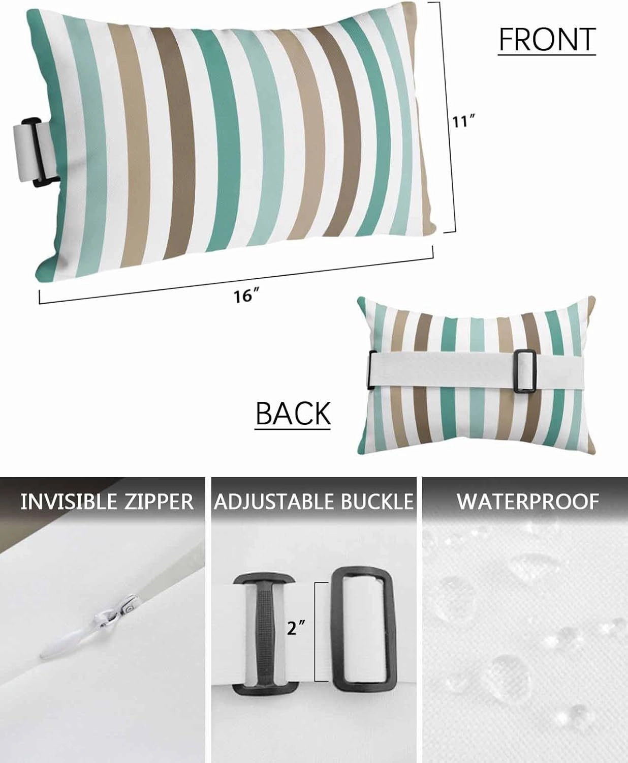 Striped Outdoor Head Resting Pillows with Insert Gradient Teal Brown Minimalist Vertical Striped 1 Pack Waterproof Lumbar Pillows with Adjustable Elastic Strap for Patio Chaise Beach Chair, 11”x16”