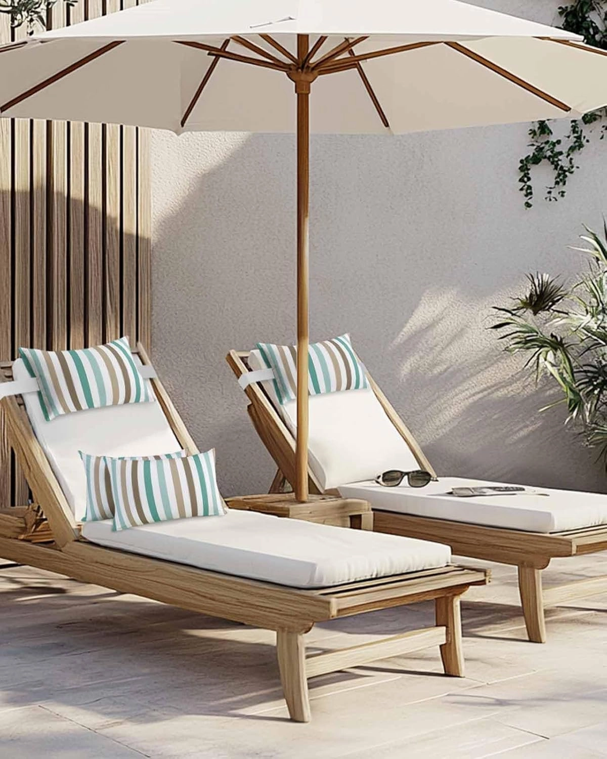 Striped Outdoor Head Resting Pillows with Insert Gradient Teal Brown Minimalist Vertical Striped 1 Pack Waterproof Lumbar Pillows with Adjustable Elastic Strap for Patio Chaise Beach Chair, 11”x16”